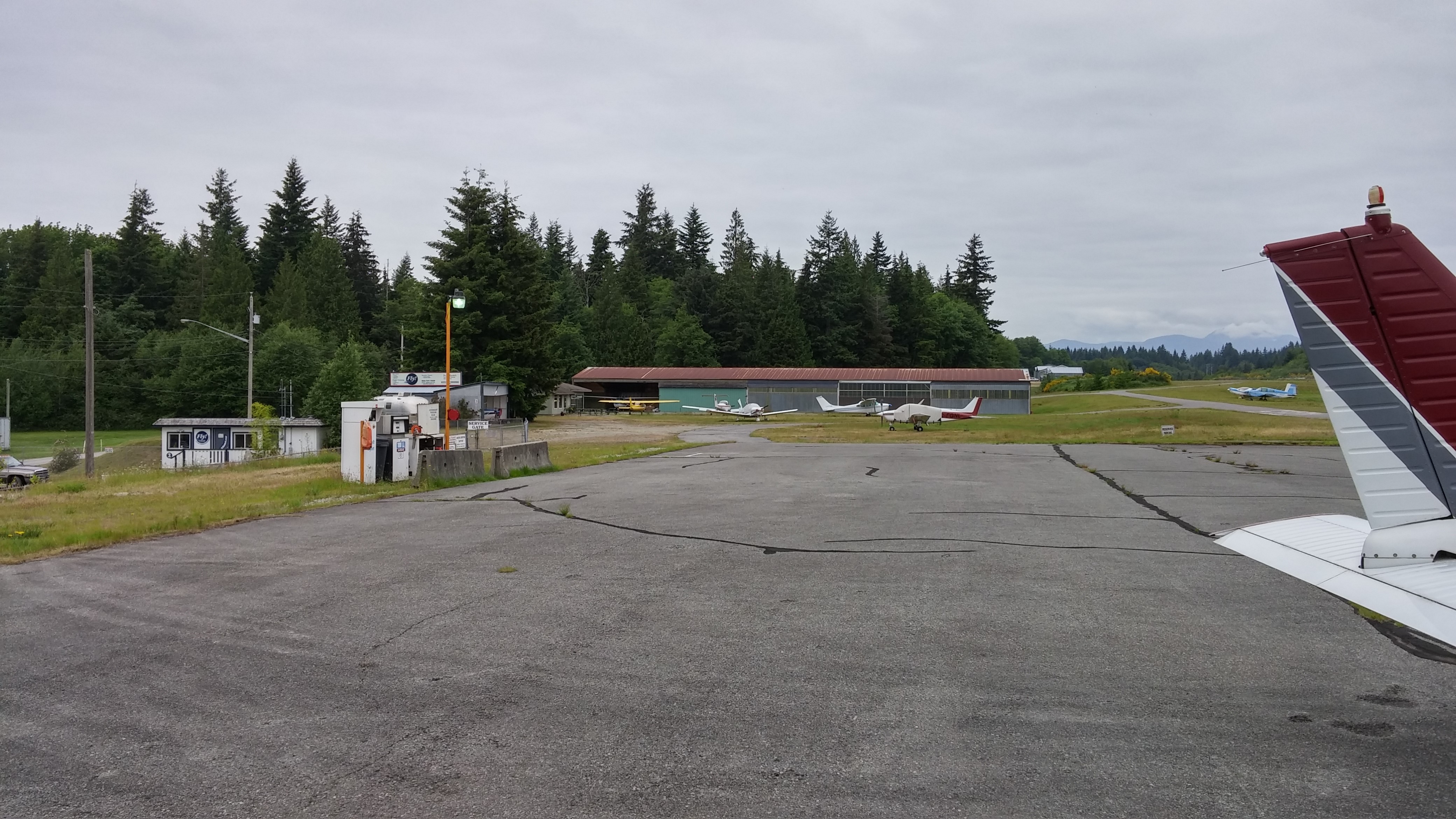 A view of the self-serve fuel station and clubhouse at Sechelt